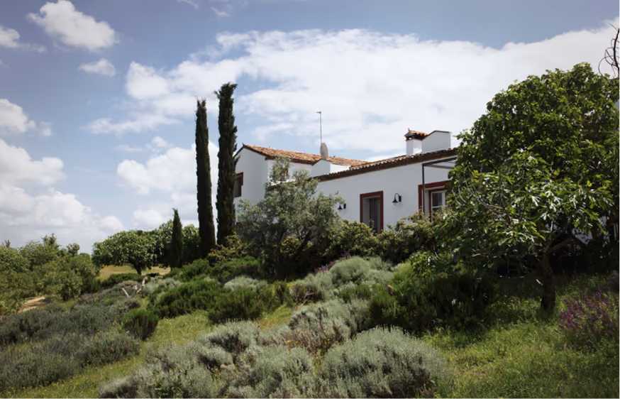Fachada blanca de la finca, con cipreses